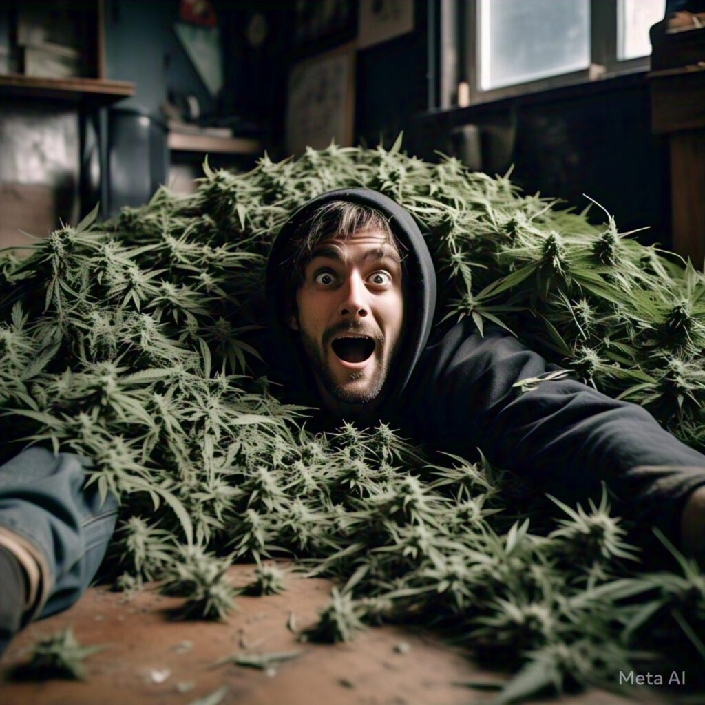 Man under a pile of cannabis buds